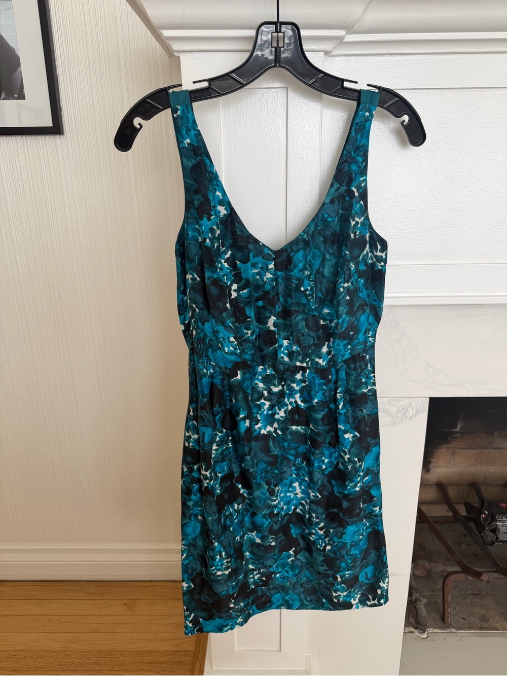 J. Crew Teal and Black Floral V-Neck Mini Dress